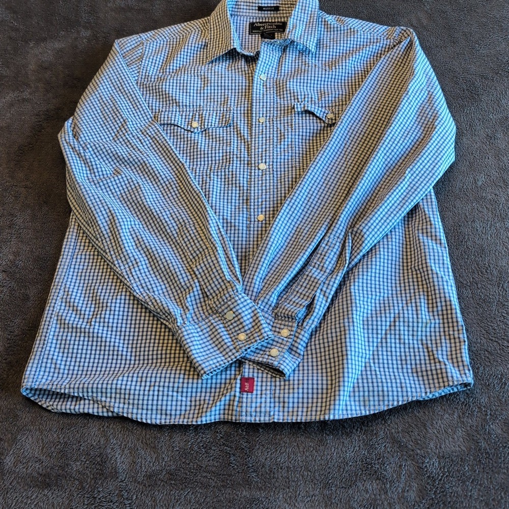 Abercrombie & Fitch Mens Muscle Fit Pearl Snap Western Shirt Blue Gingham Medium